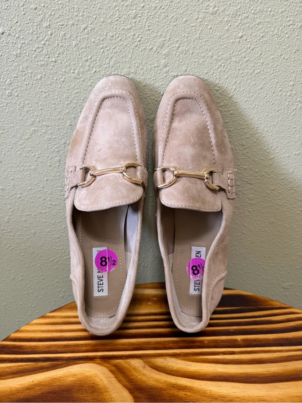 Steve Madden Beige Suede Loafers with Gold Hardware